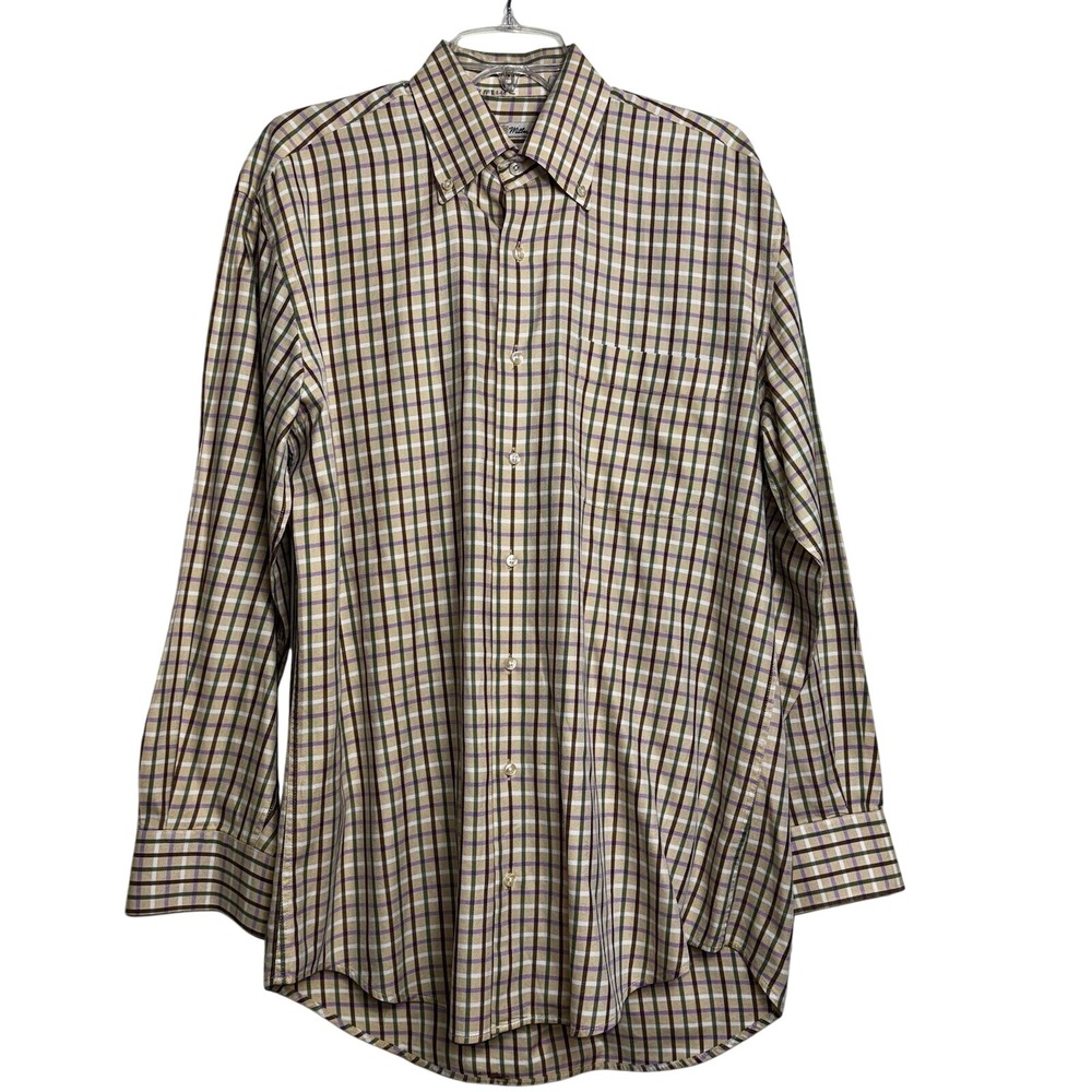 Peter Millar Mens Plaid Button Down Shirt Tan Purple Green Cotton Size‎ M Turkey